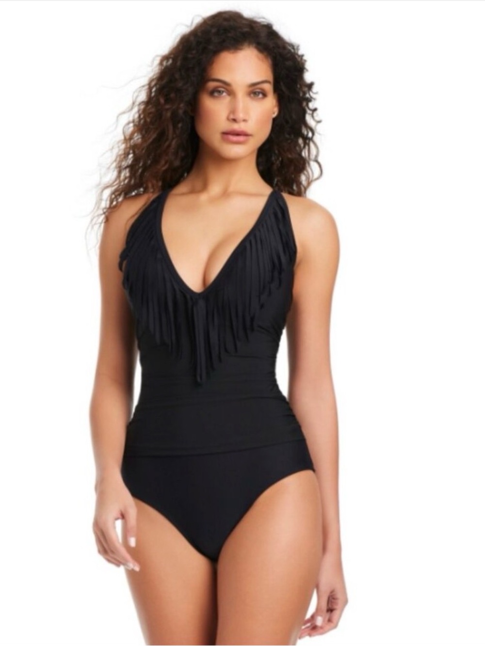 Beyond Control Women’s Black Halter Fringe Tassel Trim one-piece Swimwear. R9C